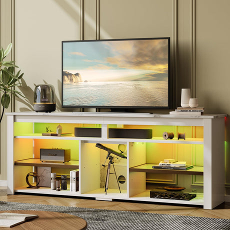 Bestier TV Stand for 65/70 inch TV, Tall Entertainment Center with 2 Led Lights, Gaming TV Console with Storage for PS5, Modern TV Cabinet for Bedroom, Living Room, White Marble Bestier