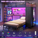 VIAGDO Bunk Bed Twin Over Twin with Hall Tree, Charging Station and LED Lights, L-Shaped Bunk Bed with Desk, 5 Storage Drawers, Twin Bunk Beds with Guardrail & Stairs, No Box Spring Needed, Black VIAGDO