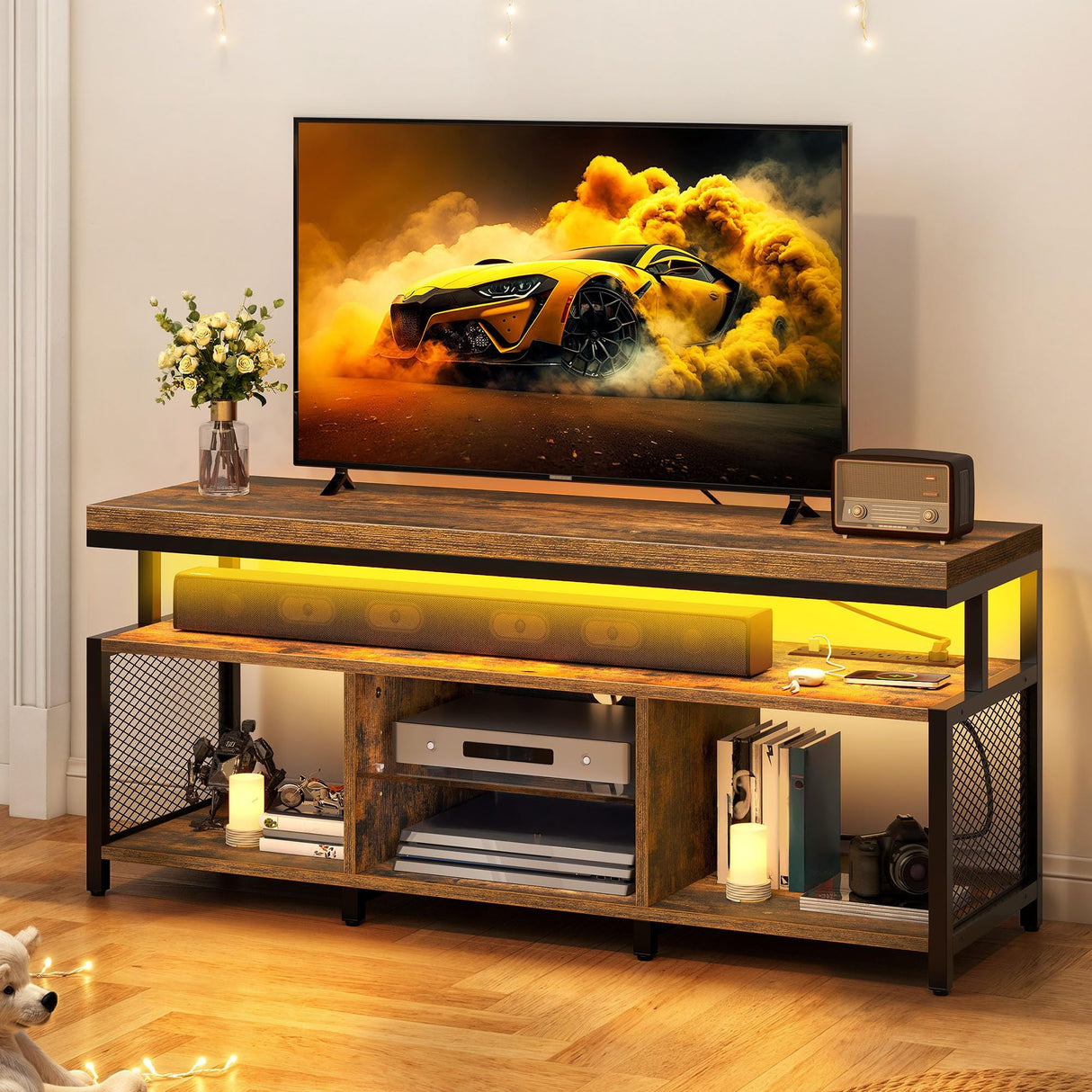 YITAHOME TV Stands for Living Room, Entertainment Center with Storage,TV Stand for 50/48 inch TV, LED TV Stand with Power Outlets, Industrial TV Console Cabinet, Retro Brown YITAHOME