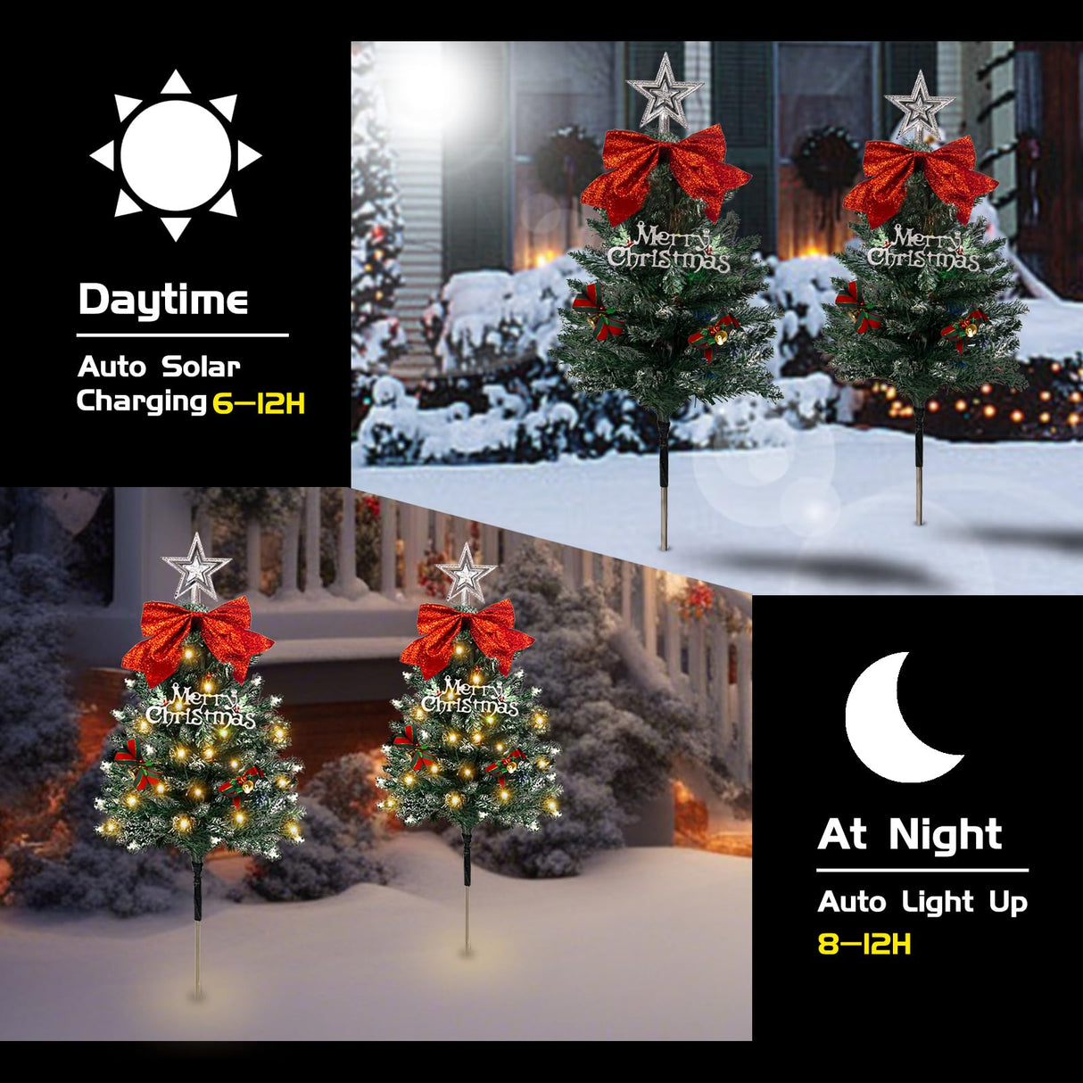 4 Pack Christmas Tree Solar Pathway Lights Outdoor Decorations, Waterproof Artificial Mini Xmas Tree Stake Lights with DIY Ornamets for Garden Yard Porch Decor (Snowy Tree) TAILERRI