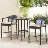 FHFO 3 Piece Outdoor Patio Heigh Bar Table and Chairs Set, Wicker Bar Height Bistro Table Set of 2, All-Weather Rattan Height Bar Stools w/Cushions & Metal Table Top for Porch, Garden, Balcony-Beige FHFO