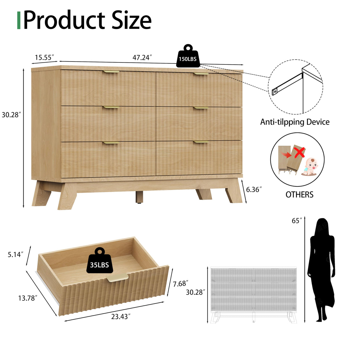 Fluted Dresser for Bedroom with 6 Drawers, 48" Wide Modern Chest of Drawers with Metal Handle, Wooden Dresser TV Stand, Wood Closet Clothes Storage Organizer for Living Room, Hallway, Natural Oak Xixini