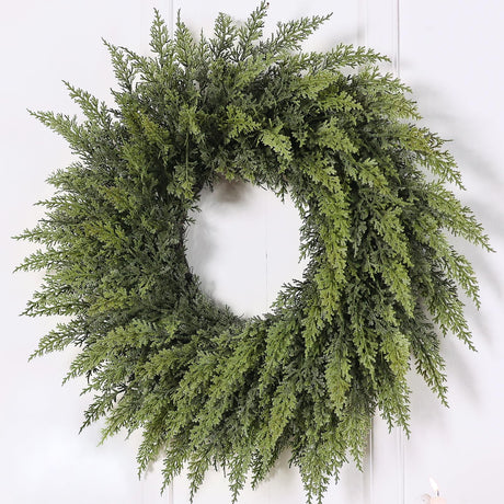 24" Real Touch Artificial Cedar Wreath - Faux Christmas Wreaths for Front Door,Faux Pine Green Wreath for Home, Holiday, Fireplace, Mantle,Wall, Windows, Xmas, Outdoor Decoration FOTEEWL