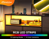 AODK Dresser with LED Lights and Power Outlet, 52-Inch Long Dresser TV Stand for Bedoom, Fabric TV Stand with 7 Large Storage Drawers and Shelves for Living Room, Black and Dark Grey AODK