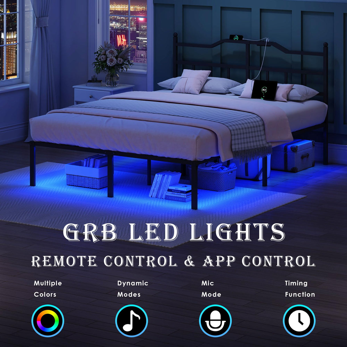 YORMDMO King Bed Frame with LED Lights, 14 inch Metal Bedframe with Headboard, Outlets & USB, Heavy Duty Basic Steel Slats Platform, Noise Free, No Box Spring Needed YORMDMO