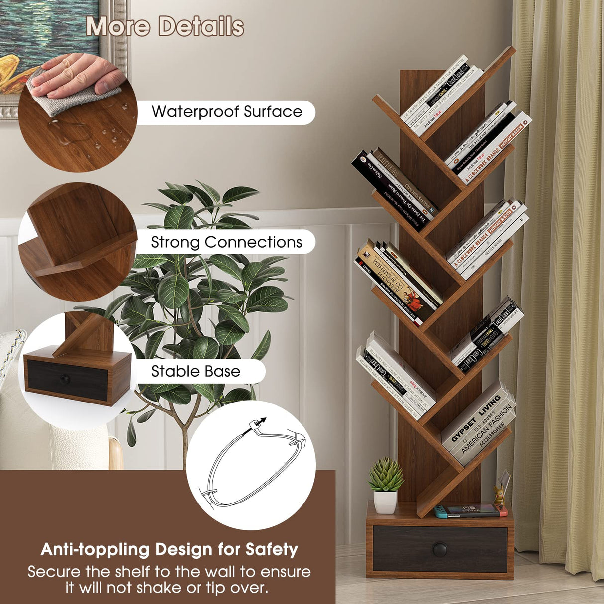 OFFICEJOY 10-Tier Tree Bookshelf, Floor Standing Bookshelf with Drawer, Small Bookcase for CDs, Books, Magazines,Utility Organizer Shelves for Living Room, Study, Bedroom, Office, School, Brown OFFICEJOY