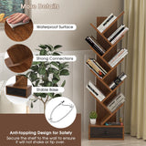 OFFICEJOY 10-Tier Tree Bookshelf, Floor Standing Bookshelf with Drawer, Small Bookcase for CDs, Books, Magazines,Utility Organizer Shelves for Living Room, Study, Bedroom, Office, School, Brown OFFICEJOY