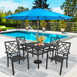 SUNCROWN 5-Piece Outdoor Wrought Iron Chairs and Table Patio Dining Furniture Set - 4 Stackable Metal Chairs, 1 Steel Slat Bistro Table for Garden Backyard Deck SUNCROWN