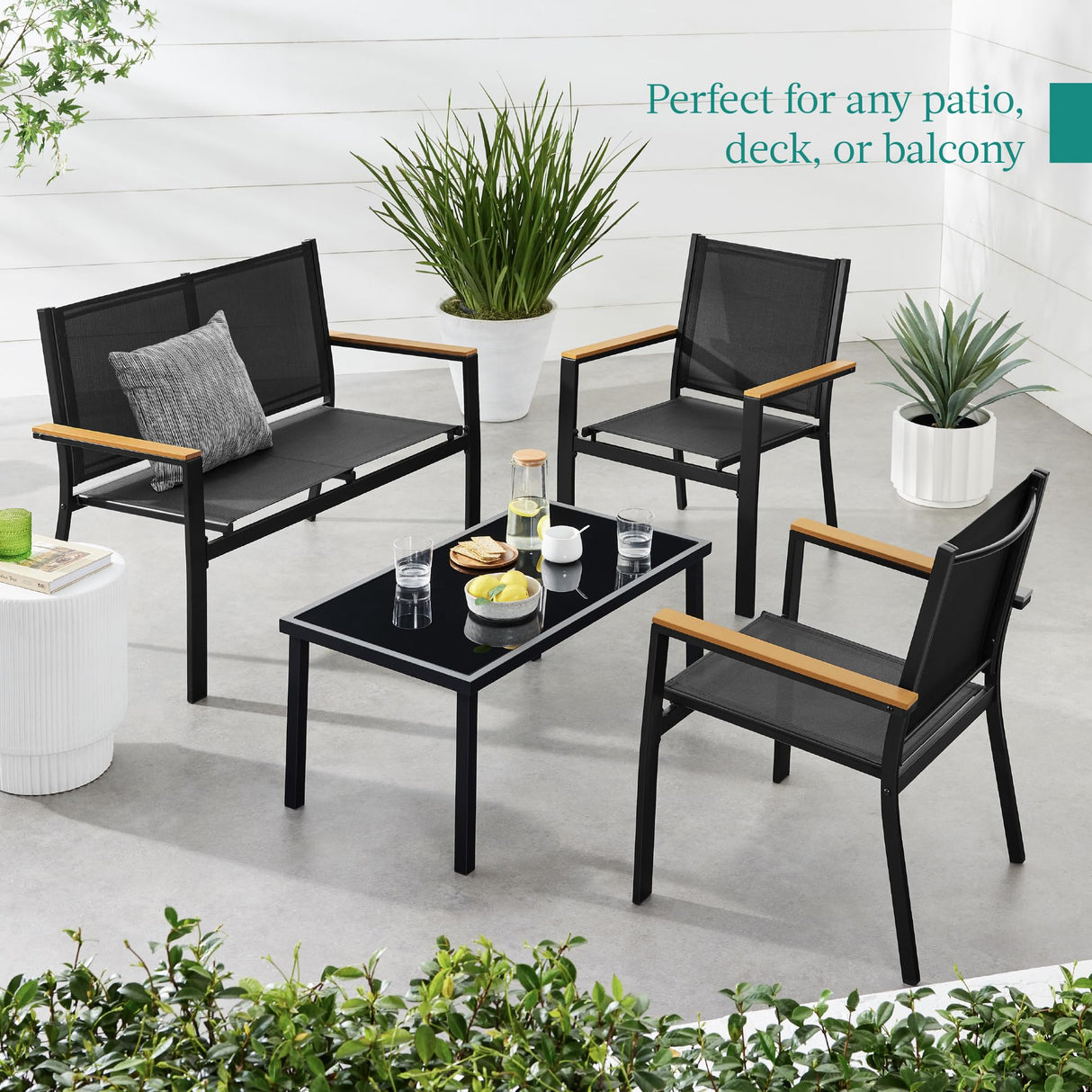 Best Choice Products 4-Piece Outdoor Textilene Patio Conversation Set, Backyard Furniture w/Loveseat, Coffee Table, Steel Frame - Black/Black Best Choice Products