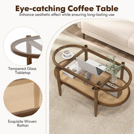 NAFORT 2-Tier Glass Coffee Table, 40" Oval Center Table with Tempered Glass Top, PE Wicker Storage Shelf, Farmhouse Modern Boho Tea Table for Living Room, Office, or Balcony (Bohemian, Brown) NAFORT