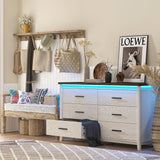 TVU Farmhouse 6 Drawers Wood Dresser with LED, Storage Dresser for Bedroom, Wide Chest of Drawer with Metal Handles TVU
