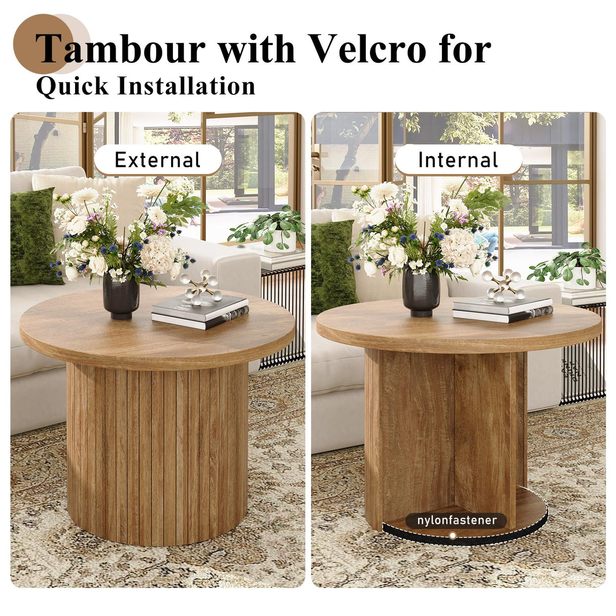 LUXOAK Nesting Coffee Table Set of 2, Mid Century Modern Round Coffee Table, Wood Slat Side Table Set for Living Room, Office, Balcony, Natural Finish LUXOAK