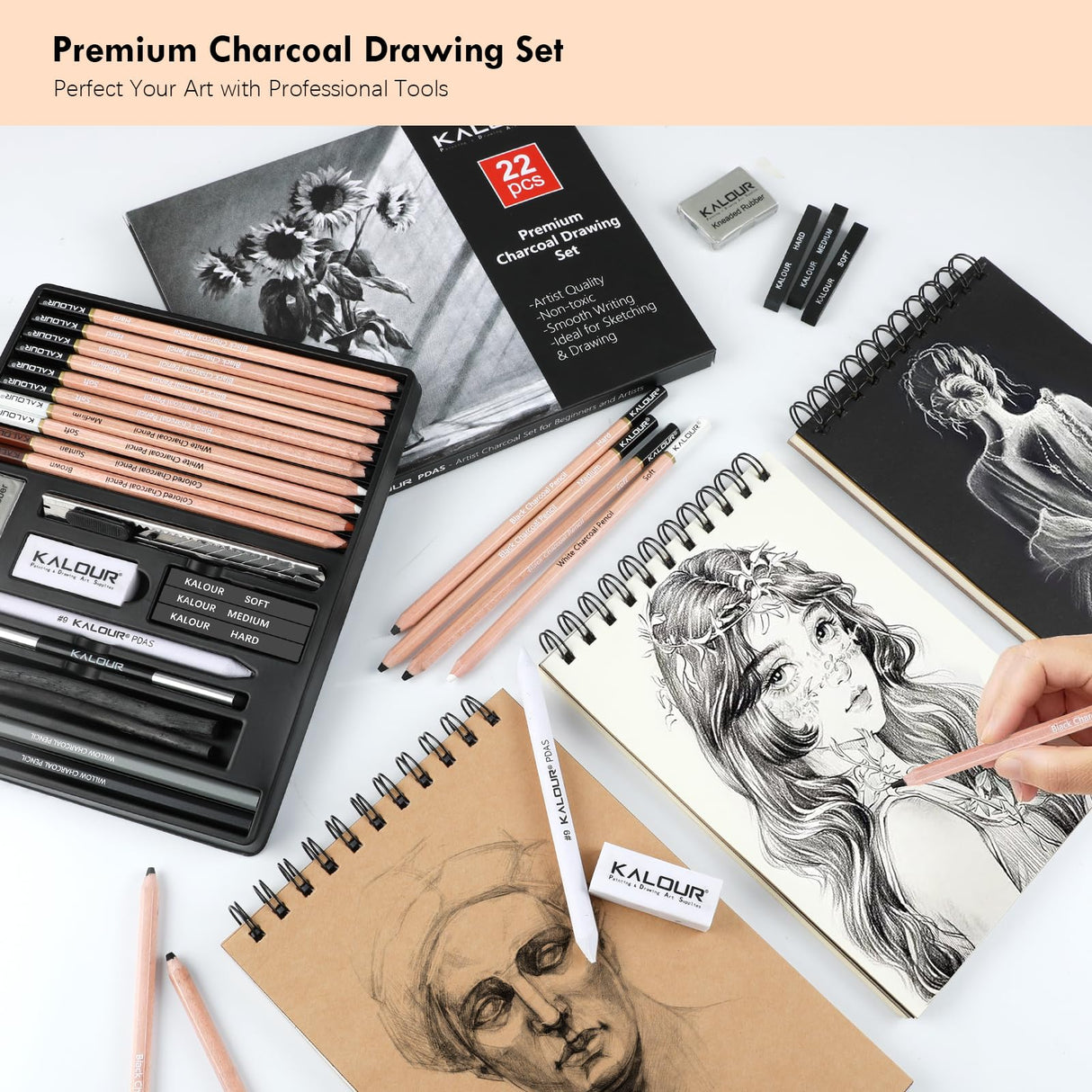 KALOUR PDAS 22pcs Charcoal Drawing Set, Professional Art Supplies, Black & White Charcoal Pencils for Drawing, Sketching, Shading, Blending, Artist Pencils for Beginners & Pro Artists KALOUR PDAS