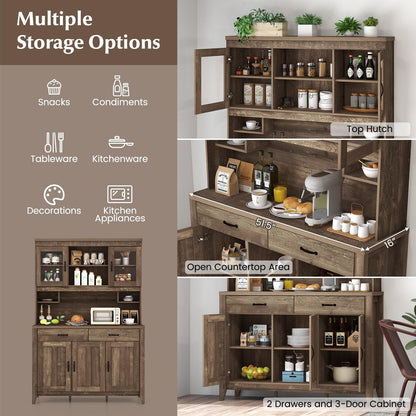 Byroce Kitchen Pantry Cabinet, Farmhouse 78.5” Tall Storage Cabinet w/Countertop, Adjustable Shelves & Drawers, Microwave Shelf w/Hutch, Wooden Buffet Sideboard w/Tempered Glass Doors, Rustic - WoodArtSupply