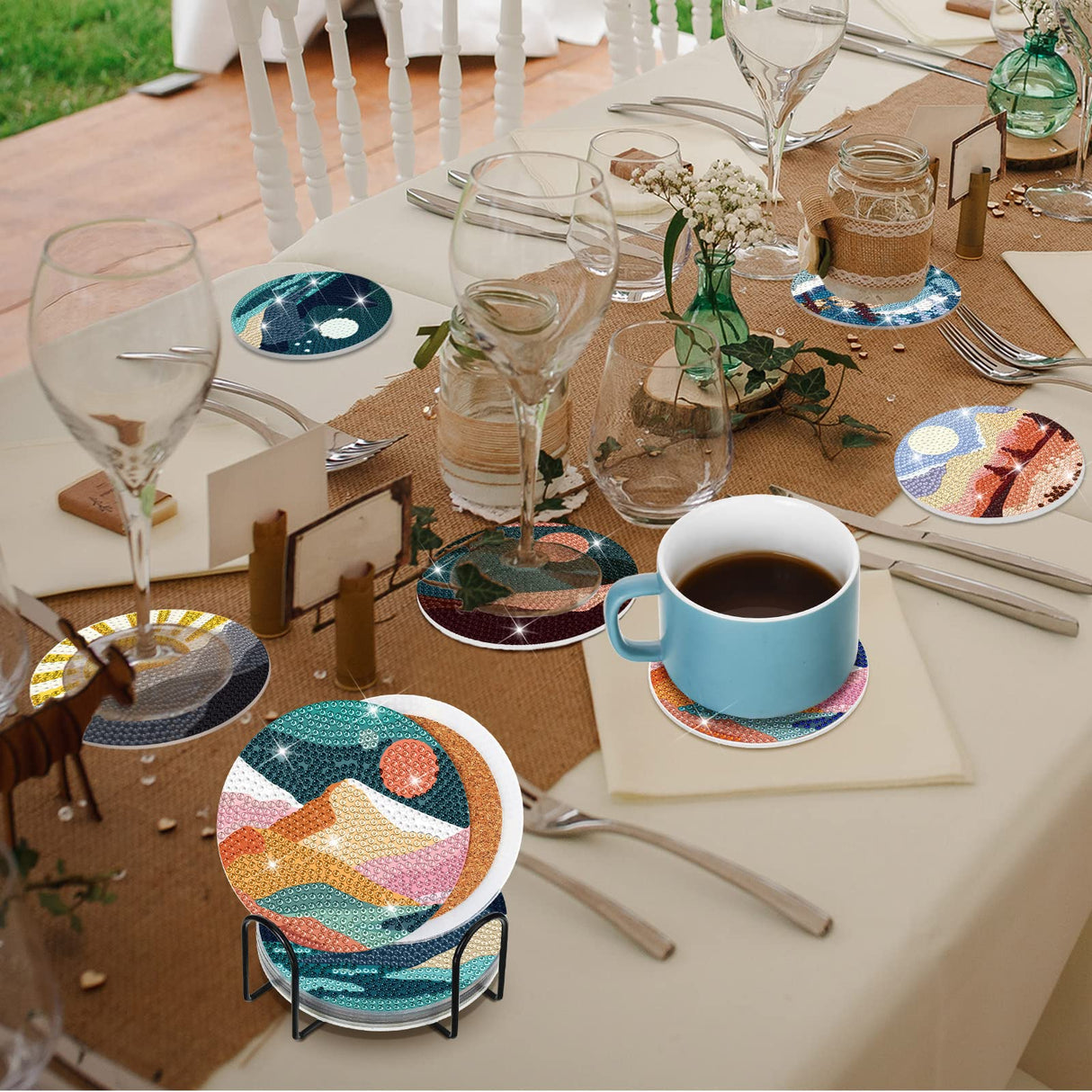 Sunnyray 8 Pcs Diamond Painting Coasters Kits with Holder, Landscape Black Cat Diamond Art Coasters Set Boho Diamonds Dots Painting Kits Adults DIY Art for Drinks Coffee Table(Landscape) Sunnyray