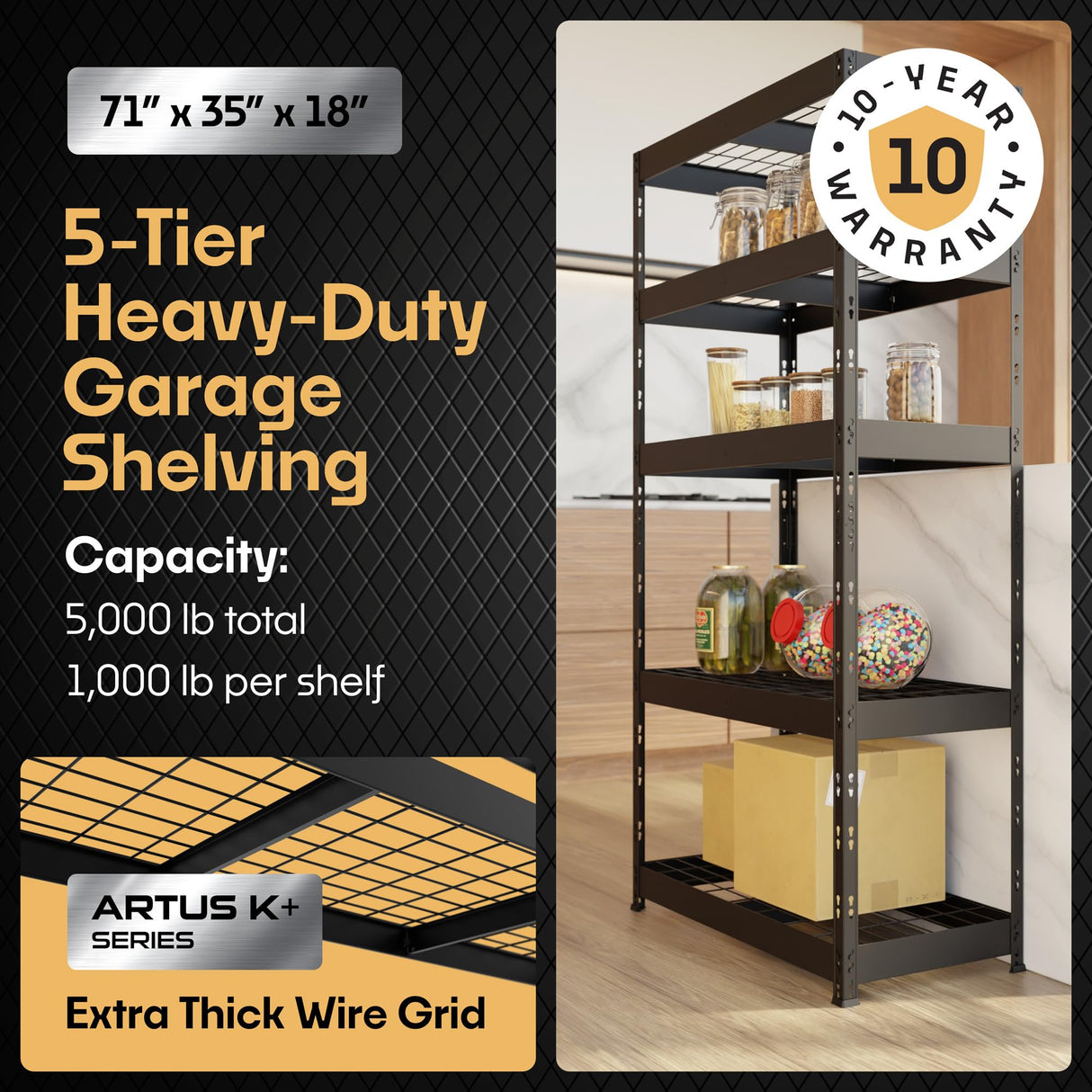 Metalkast Heavy-Duty Metal Garage Shelving | 71" H x 35" W x 18" D | Adjustable Industrial Storage Rack with Wire Shelves | 5-Tier Steel Shelving Unit, 5,000LB Capacity, Rust-Resistant Coating Metalkas