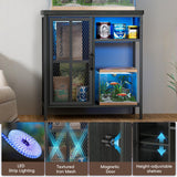 HAIOOU 20-29 Gallon Aquarium Stand with LED Light & Power Outlets, Cross Design Metal Frame Fish Tank Stand Aquarium Table with Cabinet Storage for Turtle Tank Reptile Terrarium, 360LBS Loads - Black HAIOOU