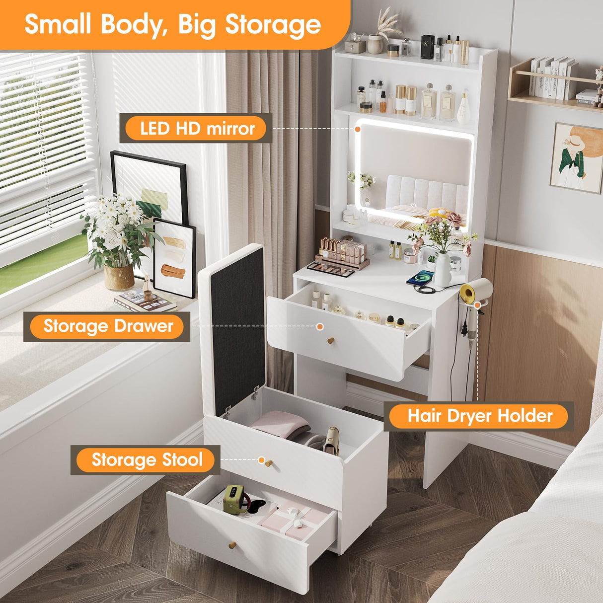 Vabches Make Up Vanity Desk with Mirror and Lights, White Vanity Table Set with Charger Station,Girls Small Vanity and Storage Chair Vabches