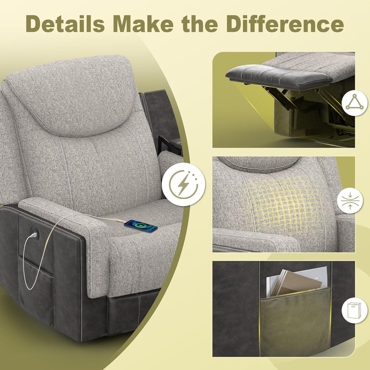 Dresegmt Home Theater Seating, Manual Recliner Sectional Sofa for Living Room, 5 Seater Reclining Sectional Couch with Flip-Up Backrest, Storage Console, USB Ports, Grey Linen & Chocolate Leather Dresegmt