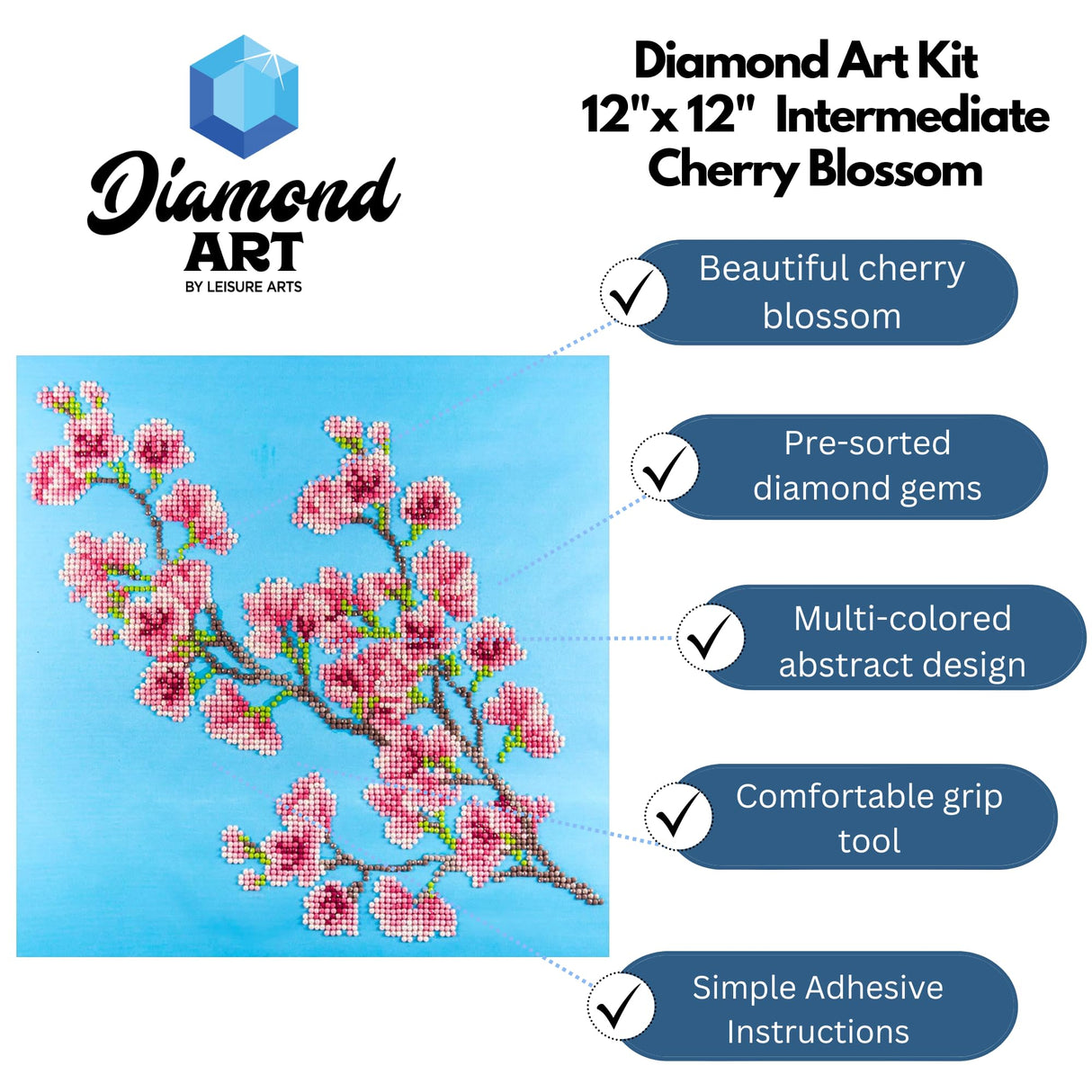 DIAMOND ART BY LEISURE ARTS Diamond Painting Kits for Adults 12"X12" Intermediate Cherry Blossom, Full Drill, Art Kits, Dimond Art, for Adults, Kit DIAMOND ART BY LEISURE ARTS
