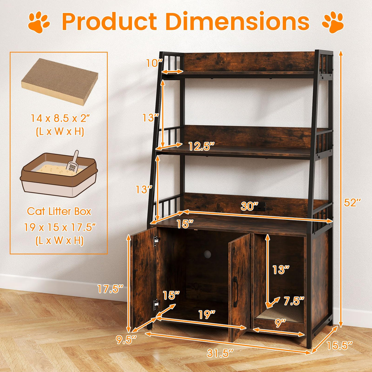 PETSITE Cat Litter Box Enclosure with Storage Shelves, 52 Inches Tall Hidden Litter Box with Charging Station, Scratching Board, and Winding Entry (Rustic Brown) PETSITE