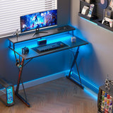 TIQLAB Gaming Desk with Power Outlets & LED 40 Inch Ergonomic Computer Carbon Fiber Surface Gamer Desk, Large Monitor Stand, Headphone Hook, PC Workstation for Bedroom, Black Desk TIQLAB