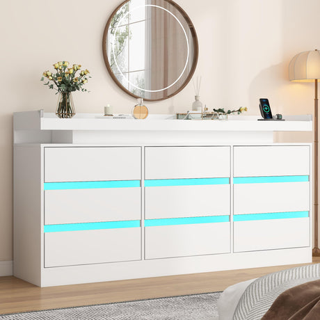 Hlivelood 9 Drawer Dresser with Power Outlet & LED Light, Modern Chest of Drawers for Closet Modern Large Dresser Organizer Cabinet for Bedroom, Living Room, White Hlivelood