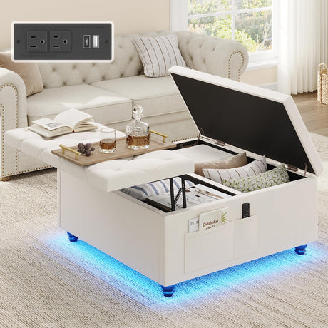 Dnxao Large Ottoman with Storage,Ottoman Coffee Table with LED Lights and Charging Station,Lift Top Tufted Upholstered Ottomans Toy Box Footrest for Living Room,Tray Included,Beige Dnxao