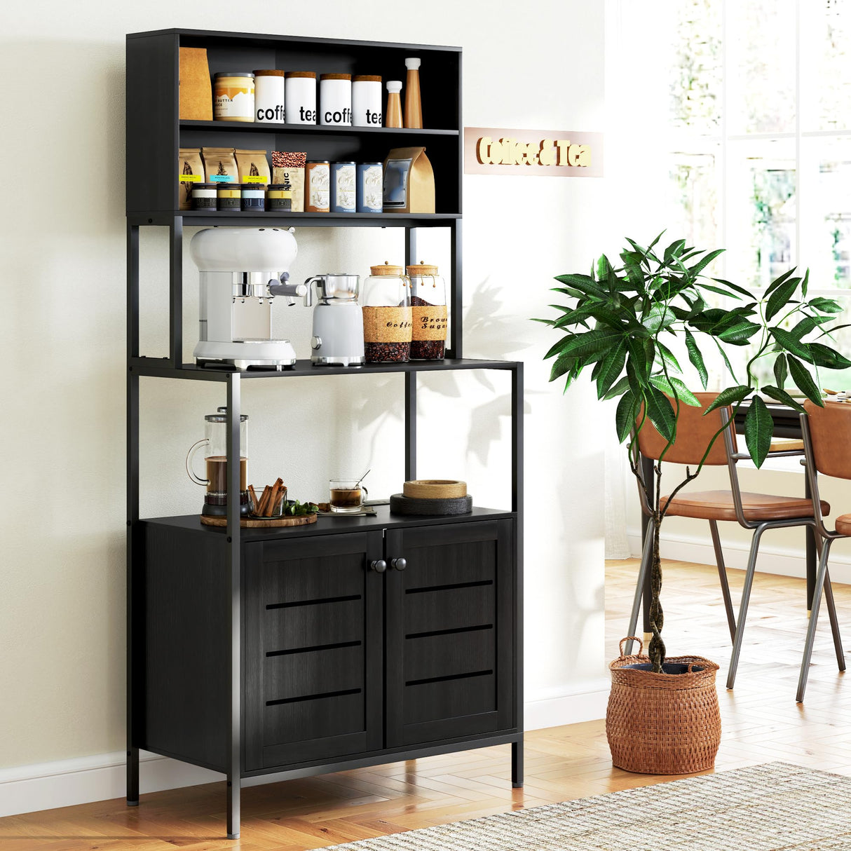 HOMCOM Kitchen Bakers Rack with Power Outlet, Coffee Bar Cabinet with Storage Shelves, Microwave Stand with Louvred Door Cabinets, Black HOMCOM