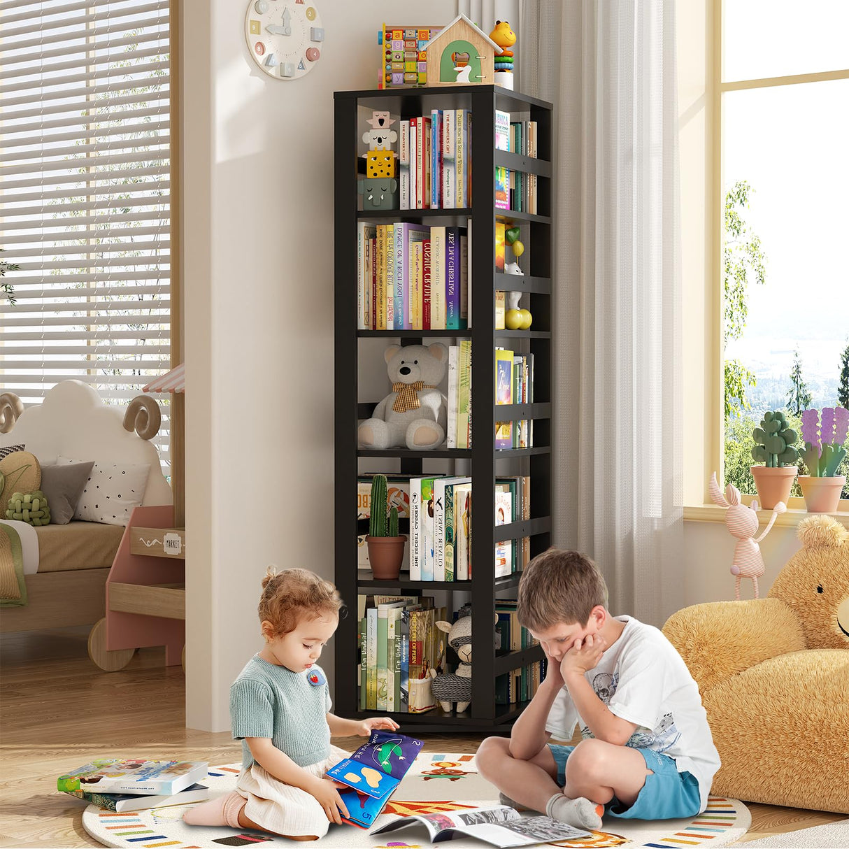 Homykic Rotating Bookshelf, Bamboo 360 Display Spinning Bookshelf Tower, 5-Tier Small Corner Bookcase for Small Spaces, Narrow Revolving Book Shelf Organizer Rack for Home Office, Black Homykic