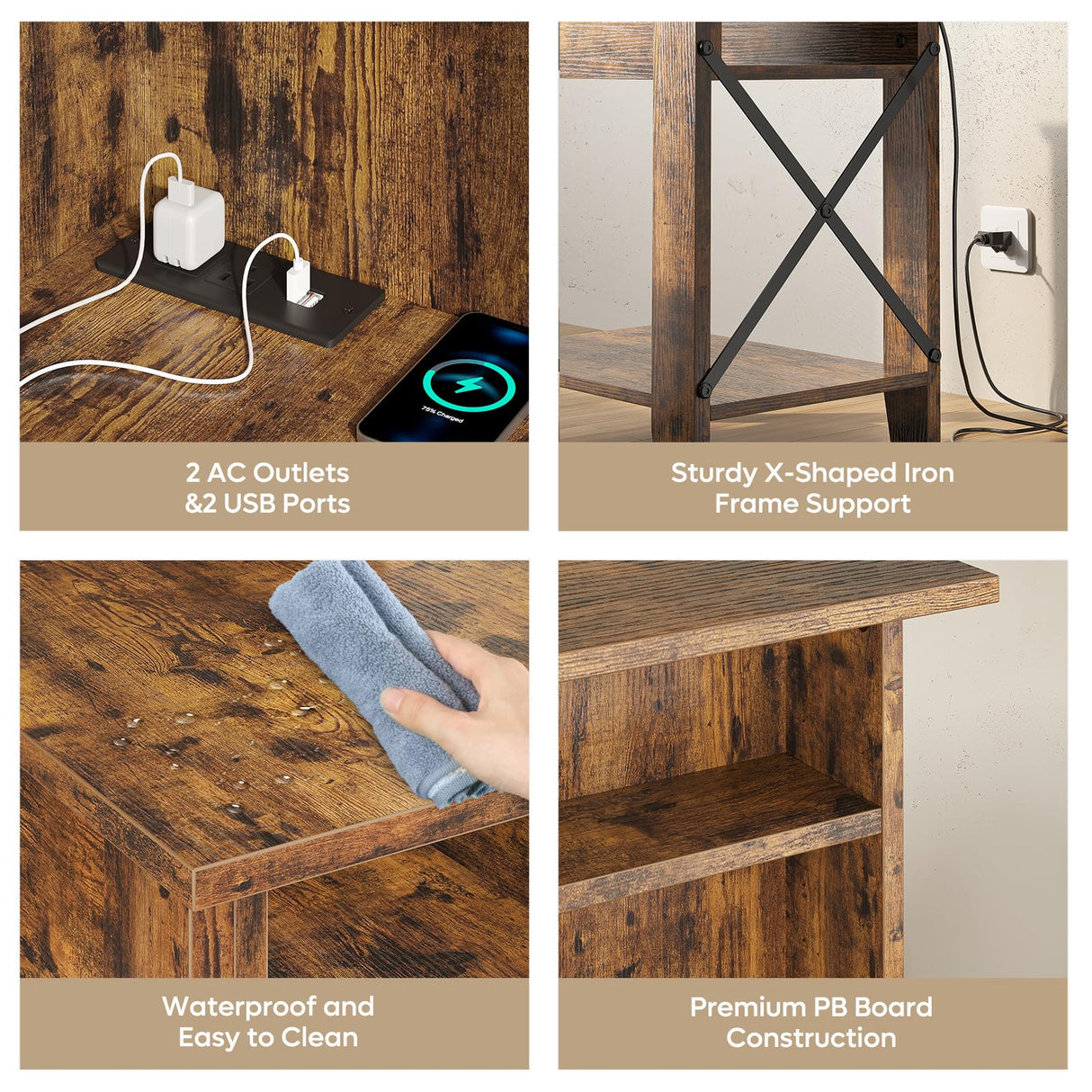 Bestier Rustic Farmhouse Bedside Tables - Tall Nightstands With Charging Ports, Set of 2, Brown Bestier