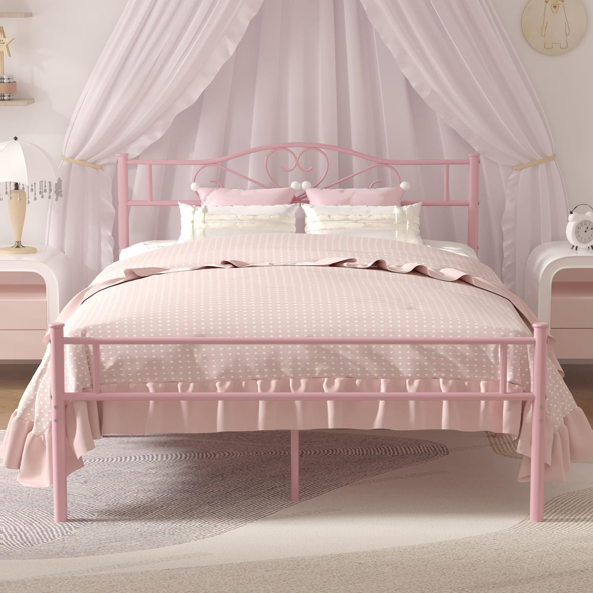 VECELO 14 Inch Full Size Metal Platform Bed Frame with Headboard and Footboard, Heavy Duty Mattress Foundation with Steel Slats Support, No Box Spring Needed, Pink VECELO