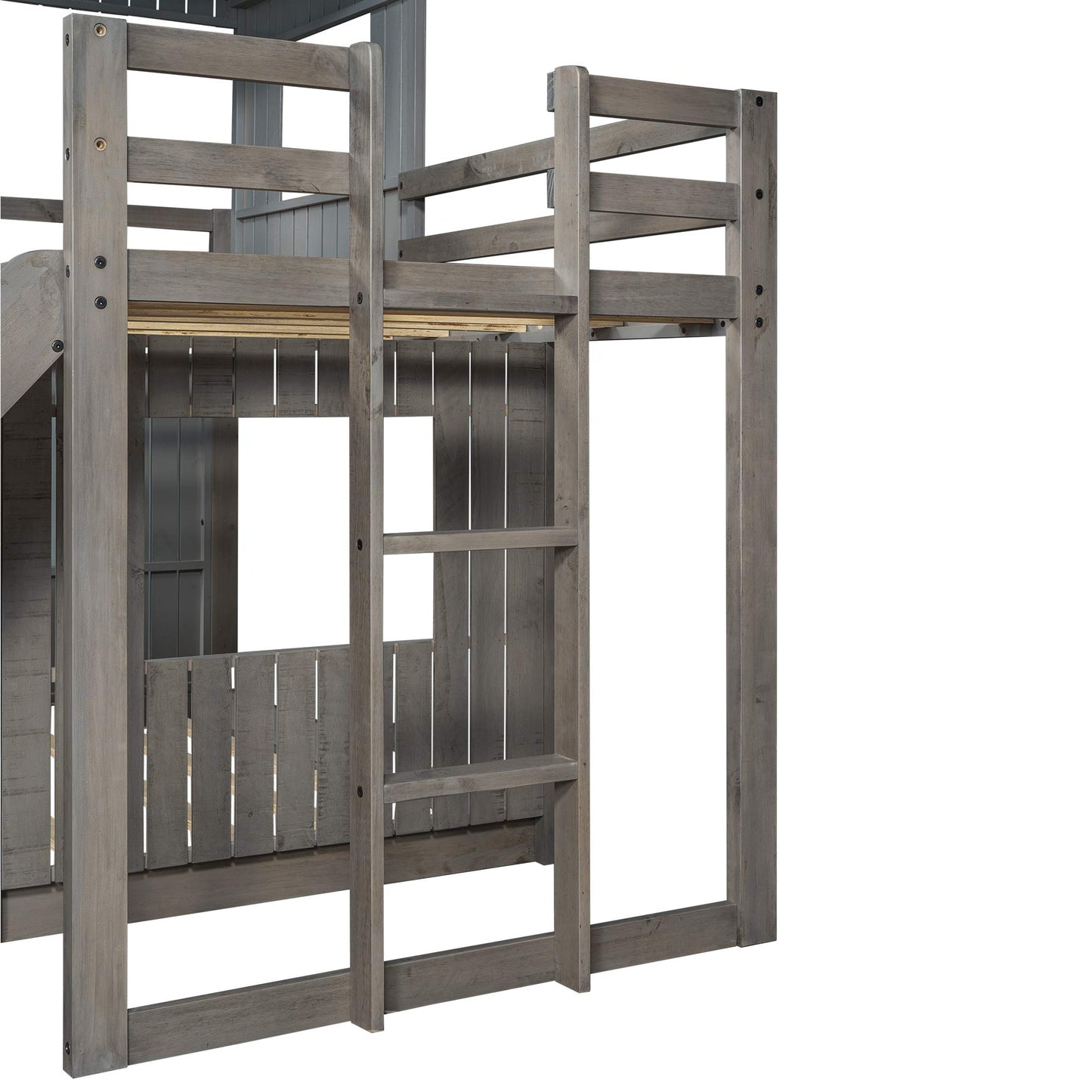 Harper & Bright Designs Antique Gray Twin Over Full House Bunk Bed with Slide and Guard Rail - WoodArtSupply