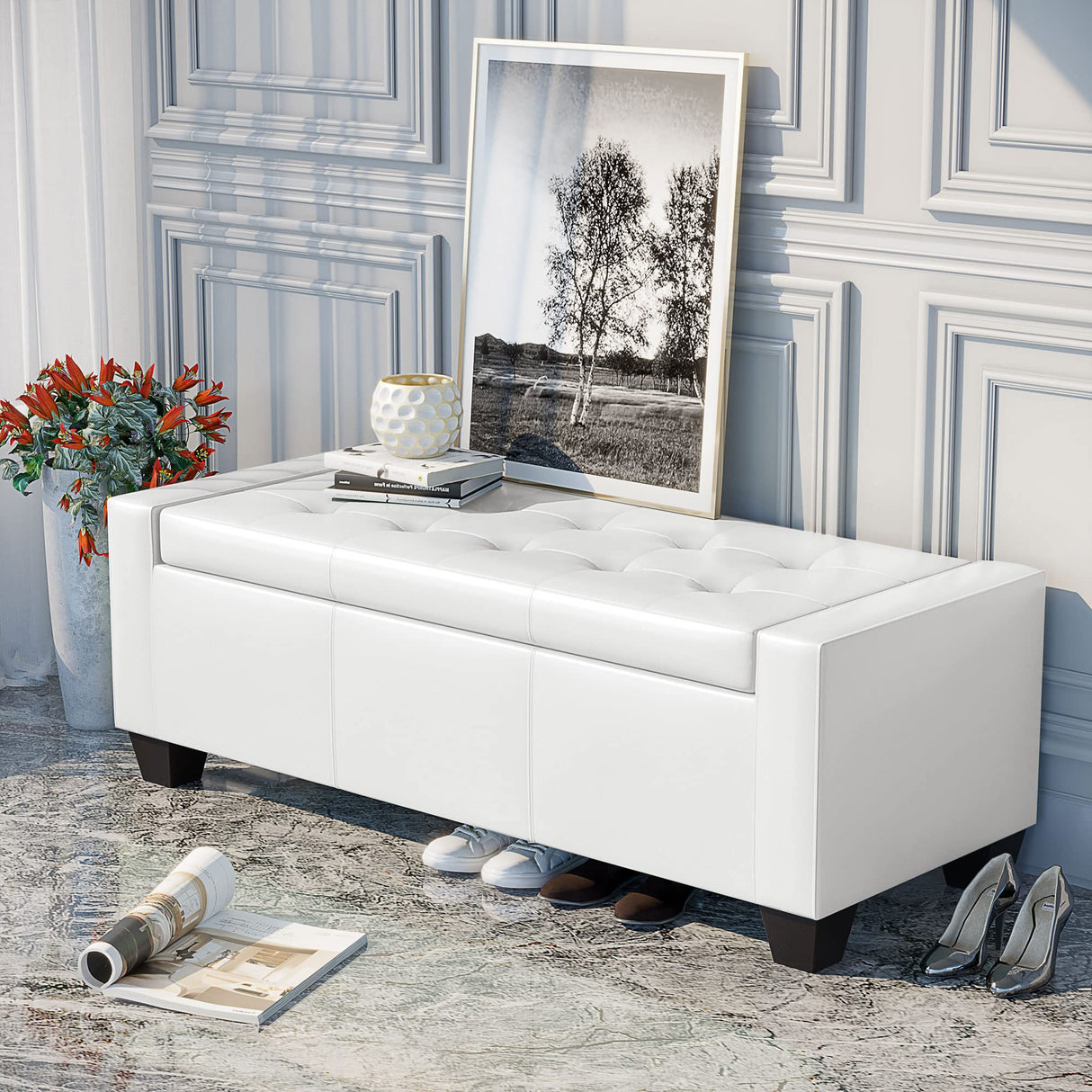 HOMCOM Large 51" Storage Ottoman, Tufted Faux Leather Storage Bench for Living Room, Entryway, or Bedroom, Cream White HOMCOM