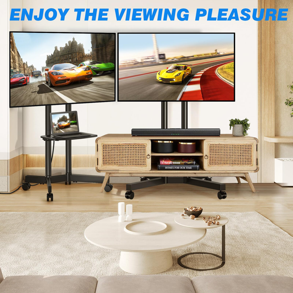 Rfiver Mobile TV Cart Rolling TV Stand with Power Outlet for 32-70 Inch Screens, Protable TV Stand on Wheels with Height Adjustment, Outdoor TV Stand Mount with Shelf Holds up to 88lbs for Home Office Rfiver