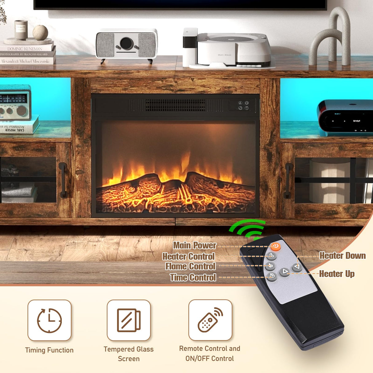 Livofloral Fireplace TV Stand for 75 Inch TV with LED Lights, Entertainment Center with 23” Electric Fireplace, LED TV Console Table with Open Storage Shelves & Cabinets for Living Room, Brown Livofloral