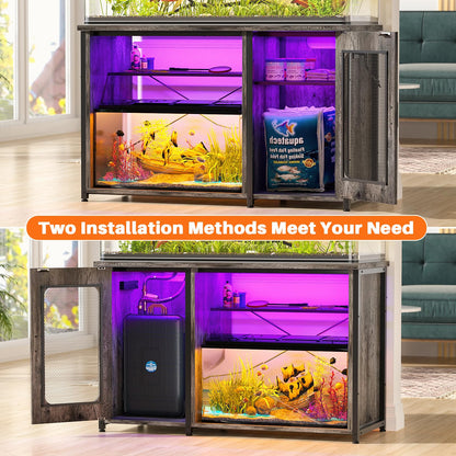 Unikito 55-75 Gallon Aquarium Stand with Power Outlets & LED Light, Reversible Fish Tank Stand with Cabinet for Fish Tank Accessories Storage, Heavy Duty Metal Frame, 880LBS Capacity, Black O - WoodArtSupply