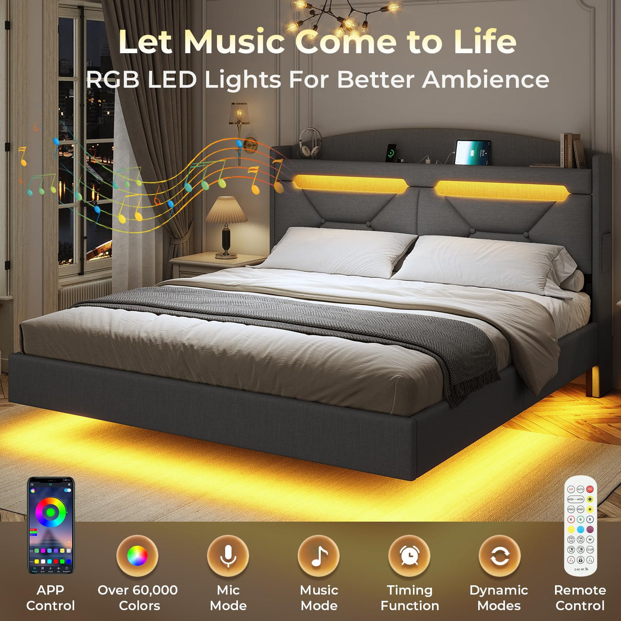 Modern ADORNEVE King Size Floating Bed Frame with USB-C Charging Station and LED Lights ADORNEVE
