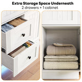 LIKIMIO Farmhouse Wardrobe Closet with Doors, 70" Bedroom Armoires with LED Lights and Hanging Rod, Wooden Large Wardrobe Cabinet with 2 Drawers and 1 Cabinet, Classic White LIKIMIO