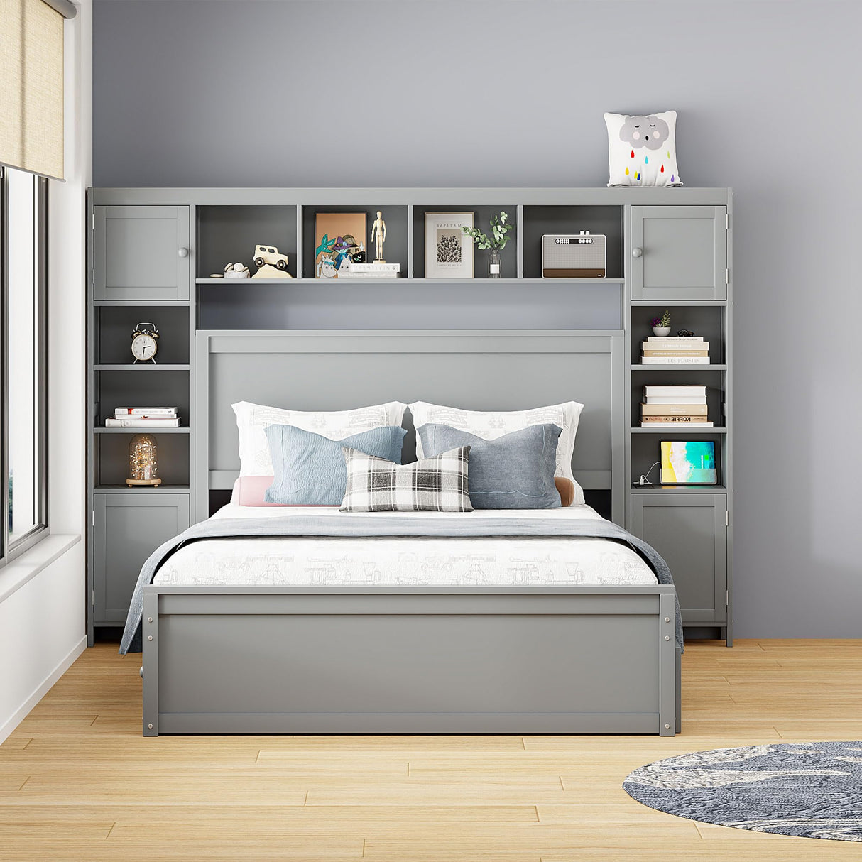 Queen Storage Bed with Bookcase Headboard, Queen Size Platform Bed with Trundle and 2 Storage Drawers, Solid Wood Queen Size Bed Frame with Cabinet and Shelf, No Box Spring Needed (Gray) Harper & Bright Designs