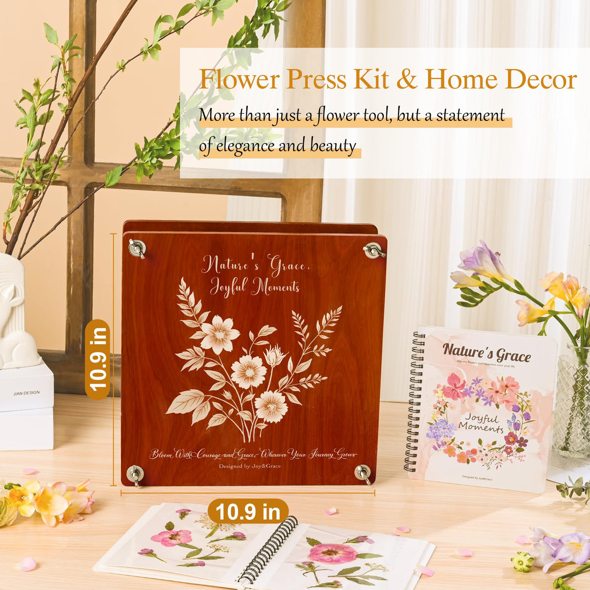 Joy&Grace Large Flower Press Kit for Adults & Kids with Designed Cover and DIY Album, 10.9" x 10.9" 10 Layers Plant Press and Plant Drying Toolkit, Flower Preservation Kit (Color Box, Mahogany Color) Joy&Grace