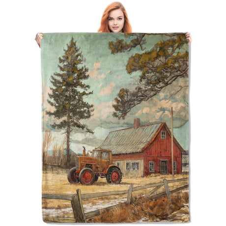 VANZEV Vintage Farmhouse Flannel Blanket, Rustic Country Scenery with Tractor and Barn Soft Lightweight Throw Blankets Gifts for Adults,50" x 60" Perfect for Couch Bed Home Travel Decor VANZEV