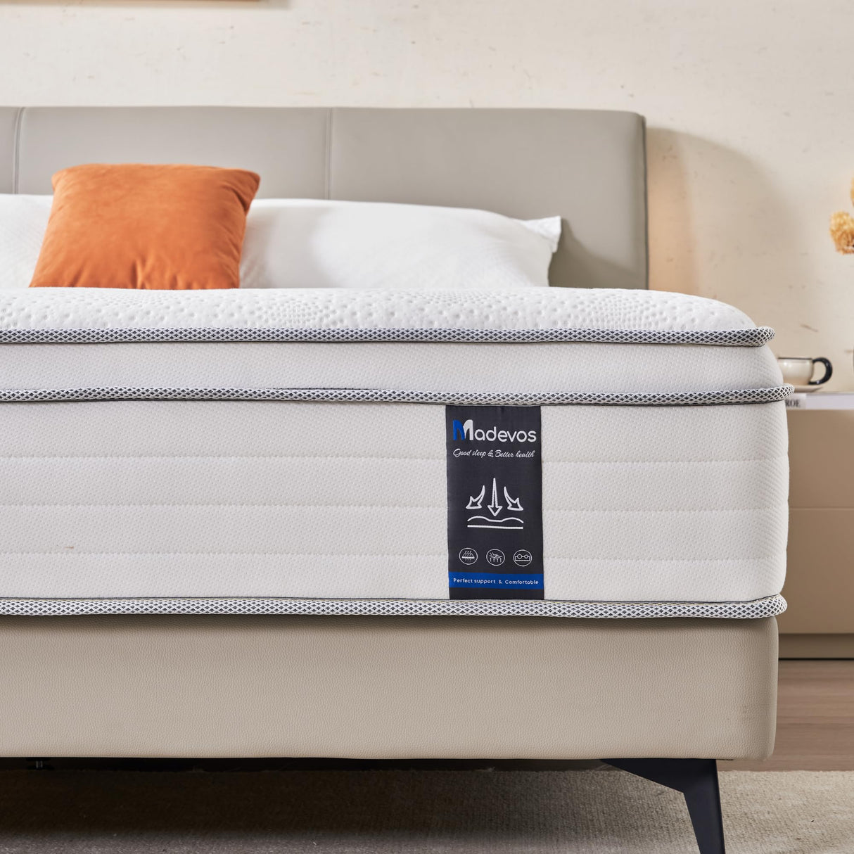 Madevos Queen Mattress, 14 Inch Hybrid Mattress in a Box, Memory Foam and Individual Pocket Springs, Fiberglass Free, Soft and Breathable, Medium Firm Feel Madevos