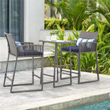 SUNSITT 3-Piece Outdoor Wicker Bar Height Table Set, 2 Bar Stools and 1 Pub Table with 2 Striped Pillows, Grey Rattan, Blue Seat Cushions, Steel Frame SUNSITT