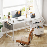 Casaottima 40" Small Computer Home Office Desk for Bedroom with Fabric Drawers & File Cabinet, Cloth Storage Bag and Hook, Writing Study Work Table for Small Space, White Casaottima
