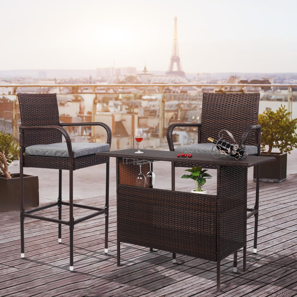 VINGLI Wicker Outdoor Bar Table with 2 Steel Shelves, Sets of Rails, Rattan Patio Storage for Backyard, Poolside, Garden VINGLI