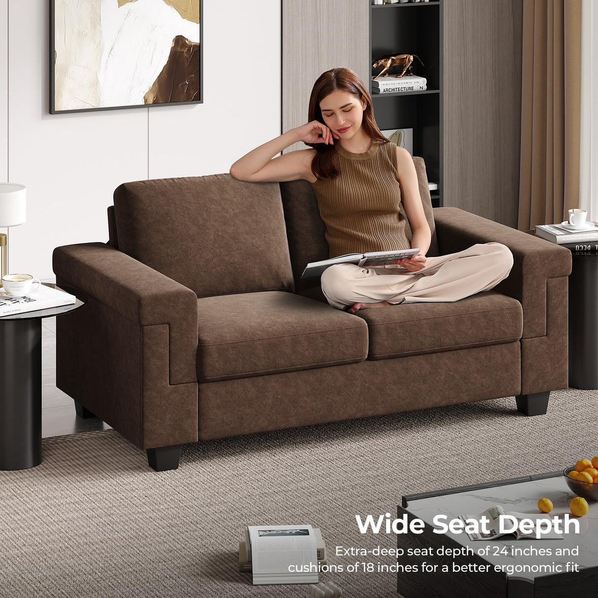 COPIAE 2 Seater Sofa Couch with Deep Seat, 64" Modern Upholstered Loveseat Sofa with Armrests, Easy Installation, Comfy Couches for Living Room, Apartment,Dark Brown COPIAE