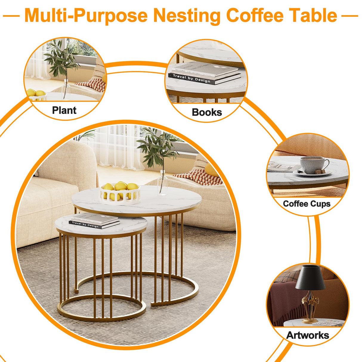 Garden 4 you Coffee Table Faux Marble Nesting Table for Small Place 2 Sets Modern Furniture Living Room Sets End Side Table Night Stand for Bed Room Dining Room (White & Gold) Garden 4 you