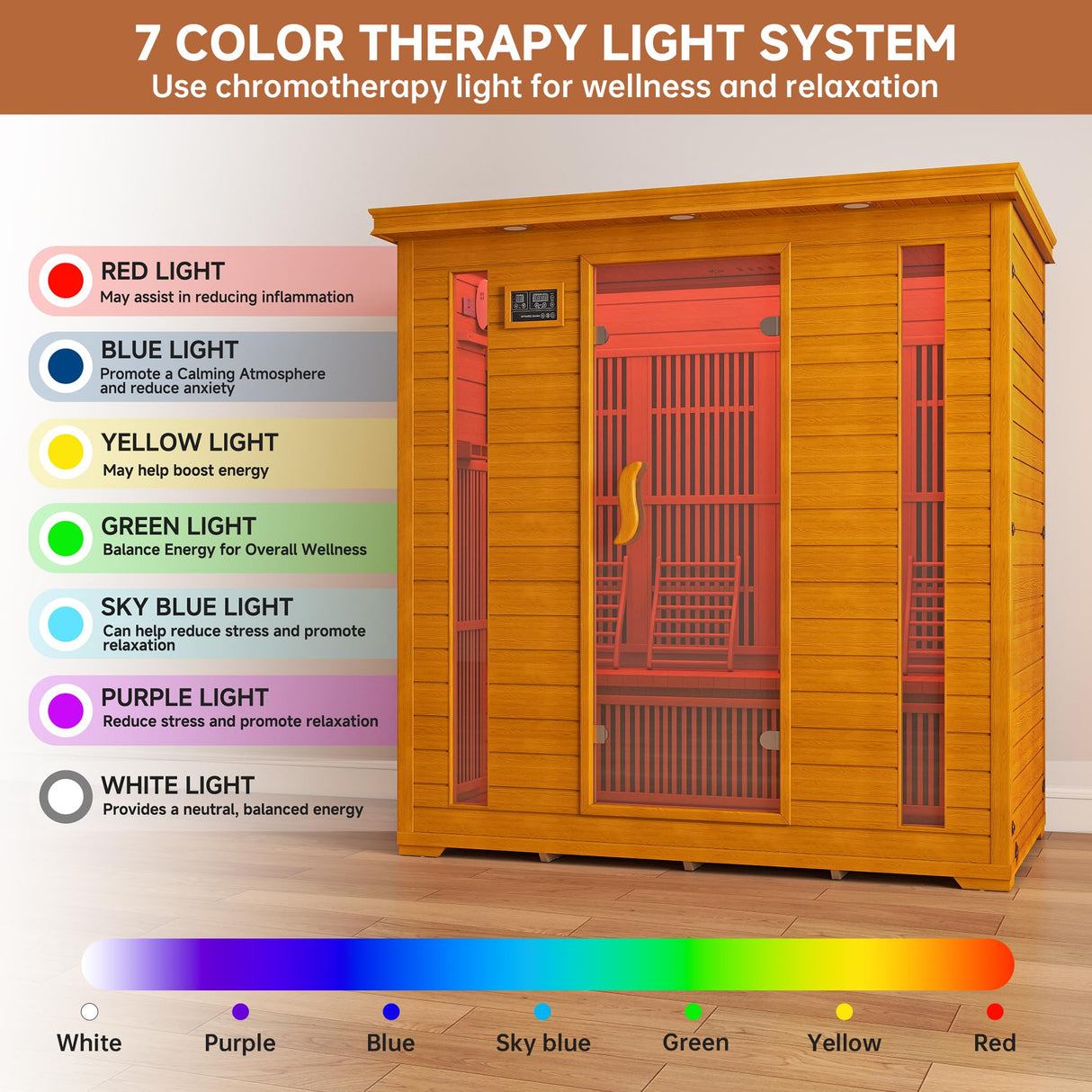 springspa 4 Person Infrared Sauna Room, Low EMF FAR Infrared Sauna for Home, Canadian Hemlock Wooden Indoor Sauna, with 10 Heating Panel, 2 LCD Panel, Bluetooth Speaker, 7 Therapy Light springspa