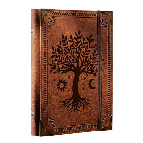 Ovesmusl PU Leather A5 Binder 6 Ring Refillable Journal Cover No Refill Paper A5 Planner Binder Loose Leaf Binder Notebook 5.7”x8.3” with Elastic Closure, Brown Tree Ovesmusl